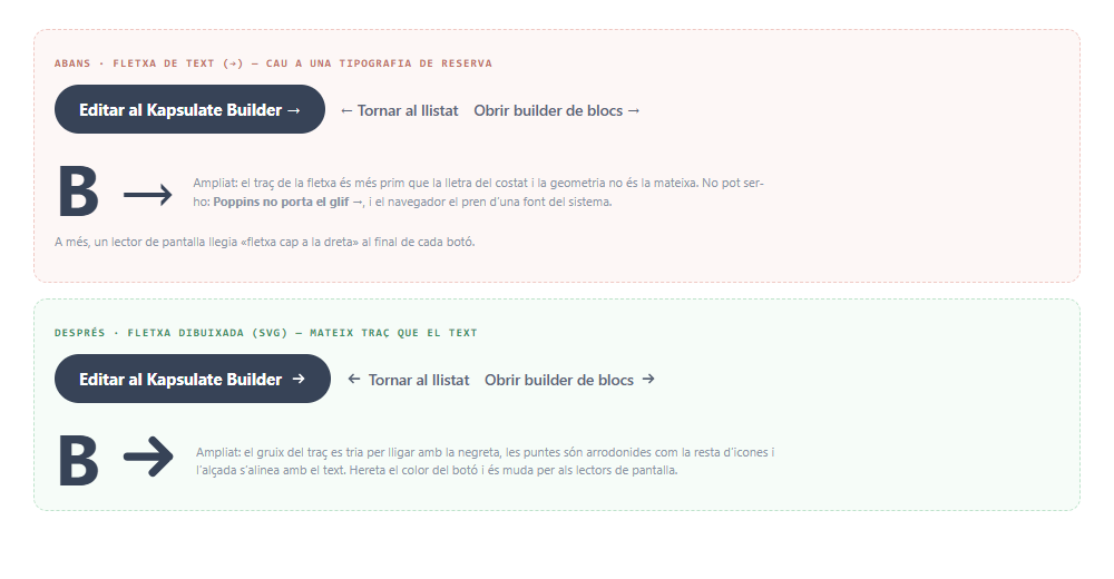 Comparació de les fletxes abans i després: a dalt, la fletxa de text amb un traç prim que no lliga amb la negreta del botó; a baix, la fletxa dibuixada amb el mateix gruix i les puntes arrodonides.